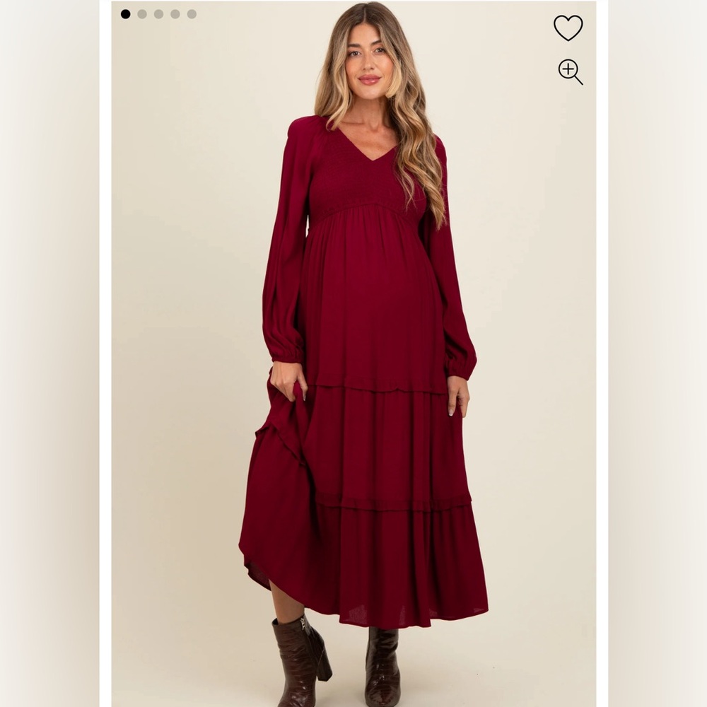 PinkBlush Burgundy Smocked Tiered Maternity Midi Dress